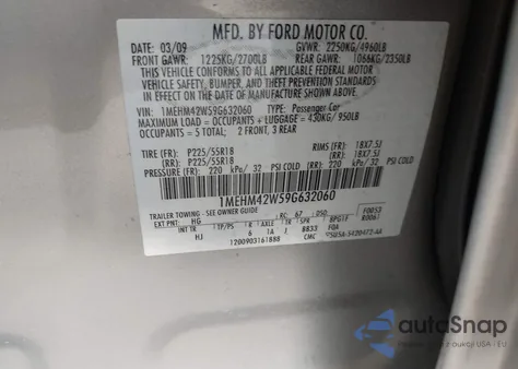 2009 Mercury Sable Premier from USA, damaged, VIN 1MEHM42W59G632060